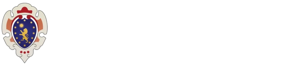 Stemma araldico con leone dorato su sfondo blu e decorazioni rosse e bianche.